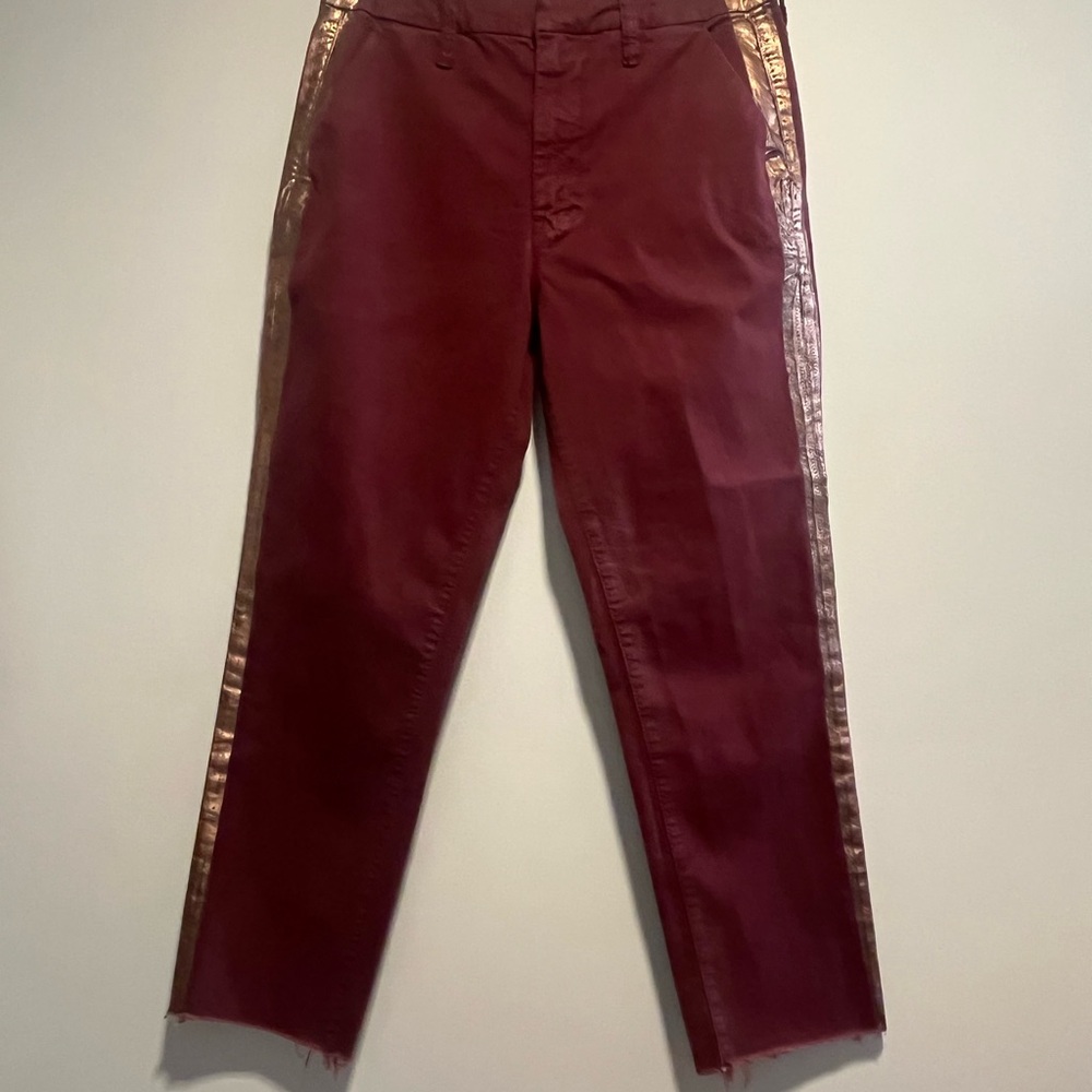 MOTHER The Shaker Metallic-Stripe Cropped Frayed Merlot Sporty Luxe Style Pants - Picture 5 of 16